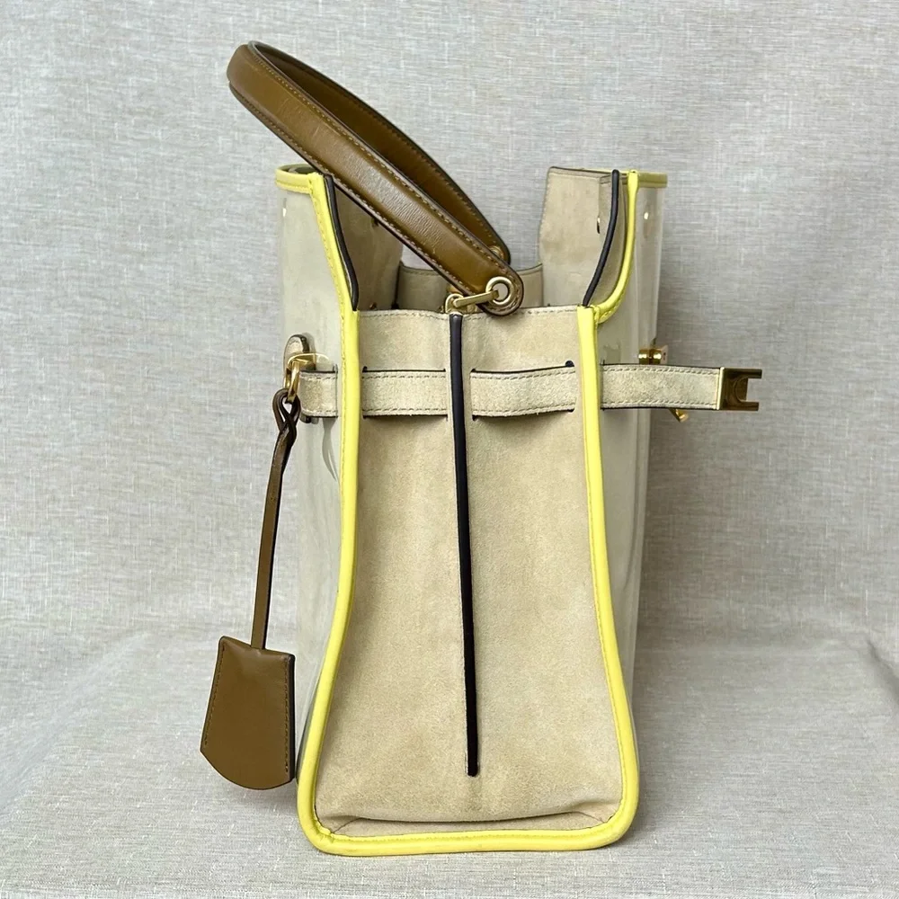 Tory Burch Large Lee Radziwill Beige and Yellow Patent Raincoat Satchel